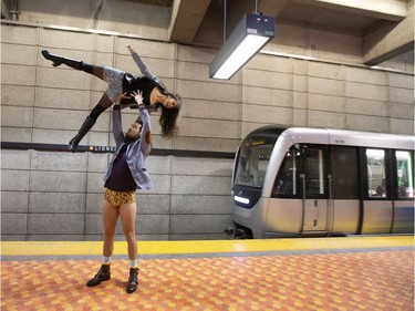 MONTREAL, QUE: January 12, 2020 --  Participants of the annual No Pants subway ride ham it up as they wait on the platform for an incoming ride in Montreal, January 12, 2020.  (Christinne Muschi / MONTREAL GAZETTE)      ORG XMIT: 63752