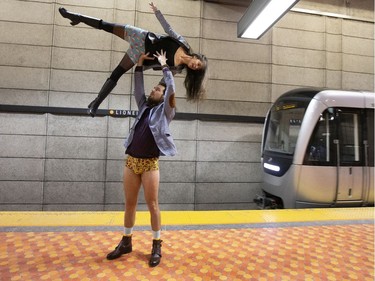 Participants of the annual No Pants Day get creative as they wait on the métro platform in Montreal on Sunday, Jan. 12, 2020.