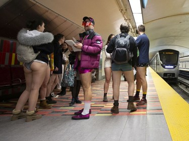 MONTREAL, QUE: January 12, 2020 --  Participants of the annual No Pants subway ride wait on the platform for an incoming ride in Montreal, January 12, 2020.  (Christinne Muschi / MONTREAL GAZETTE)      ORG XMIT: 63752