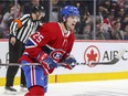 Canadiens forward Ryan Poehling celebrates after scoring his first goal of the season during third period of NHL game against the Calgary Flames at the Bell Centre in Montreal on Jan. 13, 2020.