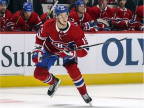 Montreal Canadiens' Jesperi Kotkaniemi comes off the bench during second period against the Calgary Flames in Montreal on Jan. 13, 2020.