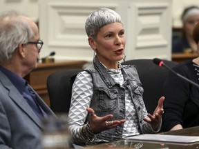 Store owner Sophie Laquerre, right, joined municipal tax expert Pierre-René Perrin in making a presentation before Montreal's public consultation on vacant premises along commercial thoroughfares on Tuesday night.