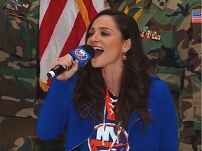 Montreal native Nicole Raviv, who has a gig this season singing the national anthem at New York Islanders home games, on Military Appreciation night, when the Colour Guard – the officials who hold the flags – were veterans.