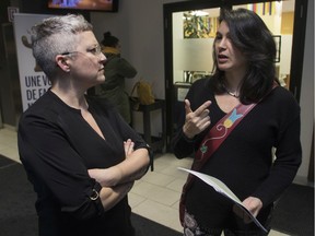 Nakuset (right), executive director of the Native Women's Shelter of Montreal, speaks with researcher and Native Women’s Shelter volunteer Mel Lefebvre at Laurent Commission roundtable looking into Quebec’s youth protection system on Wednesday, Jan. 15, 2020.