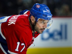 Canadiens winger Ilya Kovalchuk lines up for a faceoff during NHL game against the Chicago Blackhawks at the Bell Centre in Montreal on Jan. 15, 2020.