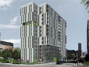 An artist's rendering of a 136-unit housing co-operative to be built at the corner of St. Jacques St. W. and de la Montagne St.  Construction is scheduled to start this spring.