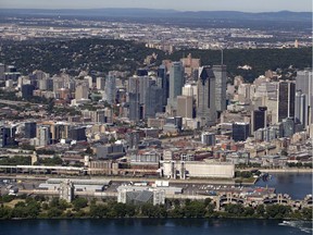 The skyline of Montreal is seen in an aerial view.