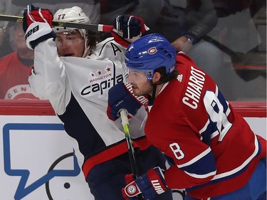 Montreal Canadiens' Ben Chiarot (8) and Washington Capitals' T.J. Oshie (77) collide in the boards, during the third period in Montreal on Monday January 27, 2020. (Pierre Obendrauf / MONTREAL GAZETTE) ORG XMIT: 63846 - 9581