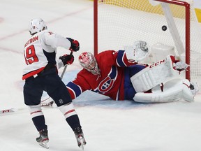 Montreal Canadiens goaltender Carey Price stops shot by Washington Capitals' Nicklas Backstrom during first period on Jan. 27, 2020.