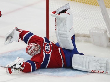 Montreal Canadiens goaltender Carey Price follows through on save on Washington Capitals' Nicklas Backstrom (19), during first period NHL action in Montreal on Monday January 27, 2020.