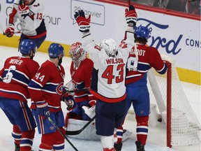 The Washington Capitals' Tom Wilson celebrates after scoring on Canadiens goalie Carey Price during first period of NHL game at the Bell Centre in Montreal on Jan. 27, 2020.