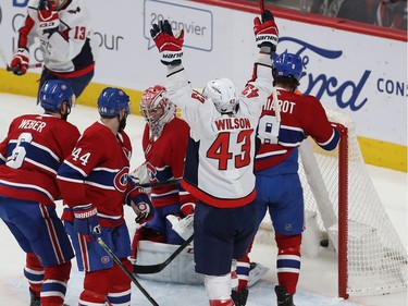 Washington Capitals' Tom Wilson (43) scores on Montreal Canadiens goaltender Carey Price during first period NHL action in Montreal on Monday January 27, 2020.
