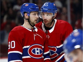 Montreal Canadiens' Ilya Kovalchuk and Tomas Tatar confer before a faceoff during game against the Winnipeg Jets in Montreal on Jan. 6, 2020.