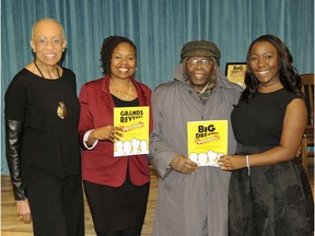 Pictured, left to right, Zanana Akande, executive director of the Cote-des-Neiges Black Community Association Tiffany Callender, Dr. Oliver Jones and Akilah Newton, during a book signing for the Big Dreamers activities book at Union United Church, in 2018.