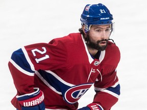 Canadiens centre Nate Thompson takes part in pregame warmup before NHL game against the Philadelphia Flyers at the Bell Centre in Montreal on Feb. 21, 2019.