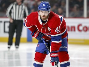 Montreal Canadiens Paul Byron lines up for a face-off during first period of National Hockey League game against the Detroit Red Wings in Montreal Wednesday March 13, 2019.