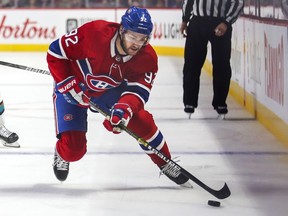 Canadiens forward Jonathan Drouin skates with the puck during NHL game against the San Jose Sharks at the Bell Centre in Montreal on Oct. 24, 2019.