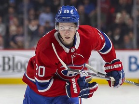 Canadiens defenceman Cale Fleury follows the play during NHL game against the San Jose Sharks at the Bell Centre in Montreal on Oct. 24, 2019.