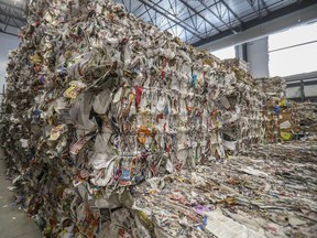 Bales of sorted recyled materials are seen in the city's new recycling plant in the Lachine borough of Montreal on Tuesday, Nov. 12, 2019.