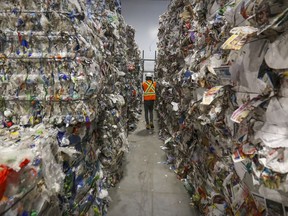 Bales of recyclable materials are stacked at the city's recycling plant in Lachine.