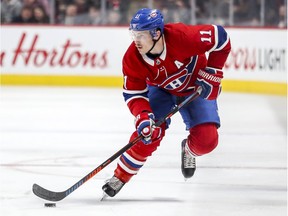 Canadiens right-winger Brendan Gallagher skates with the puck up during first period of NHL game against the Washington Capitals at the Bell Centre in Montreal on Nov. 19, 2018.