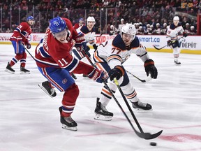 Oilers' Oscar Klefbom tries to block a shot by the Canadiens' Brendan Gallagher Thursday night at the Bell Centre. Gallagher's return to the lineup after missing time with a concussion was not enough to propel Montreal to victory.