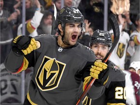 Vegas Golden Knights' Chandler Stephenson after assisting on Max Pacioretty's second-period goal against the Colorado Avalanche at T-Mobile Arena on Dec. 23, 2019, in Las Vegas.