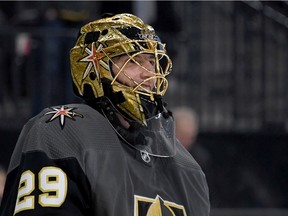 Marc-André Fleury of the Golden Knights smiles as he warms up before a game against the Arizona Coyotes at T-Mobile Arena on Dec. 28, 2019, in Las Vegas.