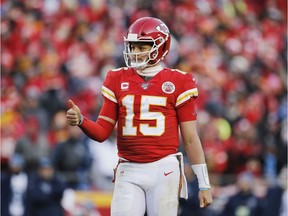 Patrick Mahomes of the Kansas City Chiefs reacts after a play in the second half against the Tennessee Titans in the AFC Championship Game at Arrowhead Stadium on Sunday, Jan. 19, 2020, in Kansas City.