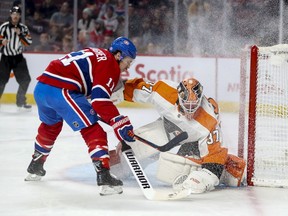 Canadiens' Brendan Gallagher puts on the brakes in front of Flyers goalie Brian Elliott during game in November.
