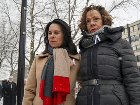 Montreal Mayor Valérie Plante, left, and Côte-des-Neiges—Notre-Dame-de-Grâce borough mayor Sue Montgomery at a park plaque dedication ceremony commemorating the Polytechnique massacre on  Dec. 5, 2019.