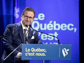 Bloc Quebecois leader Yves-Francois Blanchet speaks to the crowd during his election night event in Montreal Oct. 22, 2019.