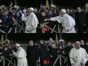 This combination of pictures created on January 1, 2020 of frame grabs taken from a handout video made available by Vatican Media shows from top left to bottom right, a lady (L) with her hands clasped as she watches Pope Francis greeting Catholic faithful as he arrives to celebrate New Year's Eve mass in Vatican City, the same lady (L) grabbing at Pope Francis' hands as he greets Catholic faithful, followed by Pope Francis slapping his way free from her clutches and Pope Francis turning around after freeing himself prior to celebrating New Year's Eve mass in Vatican City on December 31, 2019. - Pope Francis apologized on January 01 2020.