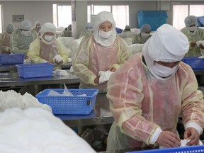 Workers produce face masks at a factory in Nantong in China's eastern Jiangsu province on January 27, 2020, to support the supply of medical materials during a deadly virus outbreak which began in Wuhan.