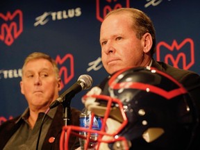 Danny Maciocia, right, is introduced as the general manager of the Alouettes during a news conference on on Jan. 13, 2020.