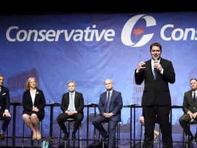 Then-Conservative leadership candidate Andrew Scheer speaks during the Conservative Party of Canada leadership debate in Toronto on Wednesday April 26, 2017.