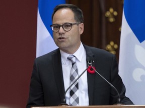 Quebec Municipalities Union (UMQ) president Alexandre Cusson speaks after signing a fiscal pact with the Quebec government at the legislature in Quebec City on October 30, 2019.