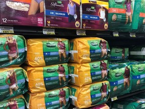 Incontinence pads and underwear are displayed at a grocery store in Chicago, Illinois, U.S. October 11, 2019. Superabsorbent polymers have become a giant industry with applications extending way beyond diapers and personal care products, Joe Schwarcz writes.