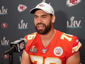 Kansas City Chiefs offensive guard and Montrealer Laurent Duvernay-Tardif talks during a press conference for Super Bowl LIV at JW Marriott Turnberry in Miami.