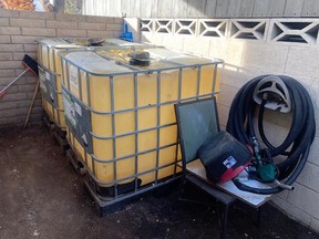 Las Vegas Fire & Rescue were tipped to a homemade backyard gas bar, where the hose appeared long enough to reach the street for curbside fill ups. Police are investigating.