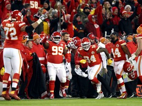 The Kansas City Chiefs celebrate against the Houston Texans during the fourth quarter in the AFC Divisional playoff game at Arrowhead Stadium on January 12, 2020 in Kansas City, Missouri.