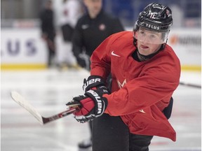 Alexis Lafrenière, who missed the last two games with a knee injury, shoots duringTeam Canada's practice at the World Junior Hockey Championships on Wednesday, Jan. 1, 2020, in Ostrava, Czech Republic.