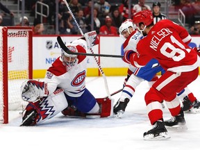 Wings' Frans Nielsen scores a goal past Canadiens goaltender Charlie Lindgren during the second period at Little Caesars Arena in Detroit Tuesday night.