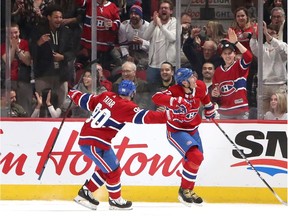 Canadiens' lIlya Kovalchuk (17) celebrates his goal against Vegas Golden Knights with teammate Tomas Tatar (90) during the first period at the Bell Centre in Montreal on Saturday, Jan. 18, 2020.