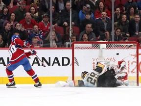 Canadiens' Tomas Tatar (90) scores a goal against Vegas Golden Knights goaltender Marc-André Fleury during the shootout at the Bell Centre in Montreal on Saturday, Jan. 18, 2020.