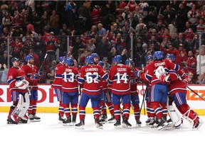 Canadiens players celebrate after beating the Vegas Golden Knights 5-4 in overtime at the Bell Centre in Montreal on Jan. 18, 2020.