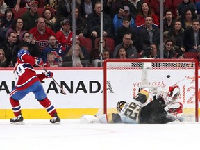 Montreal Canadiens left wing Tomas Tatar on Vegas Golden Knights goaltender Marc-André Fleury during shootout at Bell Centre on Jan. 18, 2020.