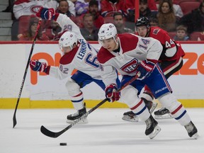 Canadiens' Nick Suzuki controls the puck in the first period against the Ottawa Senators at the Canadian Tire Centre on Saturday, Jan. 11, 2020.