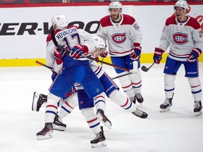 Canadiens' lIlya Kovalchuk celebrates with teammates after his goal in overtime against the Ottawa Senators at the Canadian Tire Centre in Ottawa on Saturday, Jan. 11, 2020.