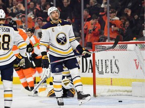 Buffalo Sabres defenceman Marco Scandella reacts after a goal by Philadelphia Flyers' Tyler Pitlick at Wells Fargo Center on Dec. 19, 2019.  "It’s been my dream come true to play here," the Montreal native says. "The emotions that I’ve felt in the last 24 hours have been incredible."